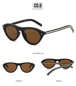 Cat eye sunglasses with black frames and gold rivet details seen from multiple angles