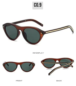 Detail view of cat eye sunglasses with gold rivets and brown translucent resin frame
