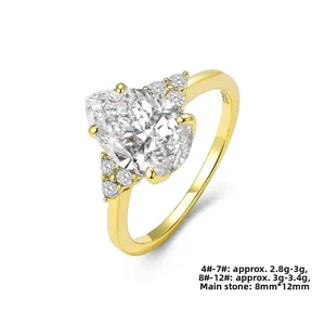 Detail of S925 silver ring featuring 8x12mm pear-cut cubic zirconia and side stones