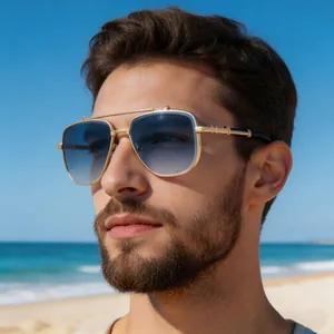 Detail of men's vintage square metal sunglasses with blue gradient lenses and gold frames