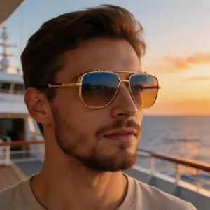 Close-up of luxury gold metal sunglasses with blue-yellow gradient lenses on a male model