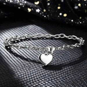 Bracelet Pendentif Coeur en Acier Inoxydable pour Femme Mode Simple Miroir Poli Bracelet de Chaîne à Maillons Ronds Bijoux