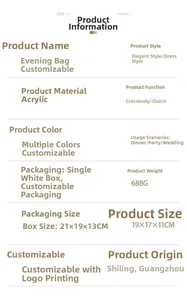 Detailed size chart and specifications for the acrylic leopard evening clutch bag