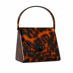 Retro leopard print acrylic evening clutch bag with round top handle and tortoiseshell finish