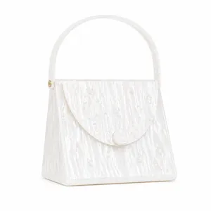 Macro detail of pearlescent acrylic handbag featuring golden hardware and vintage texture