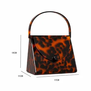 Detailed size view of tortoiseshell acrylic evening bag with top handle, 19x17x11cm dimensions