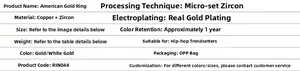 Detailed spec sheet for hip hop dollar sign ring with copper and zircon material info