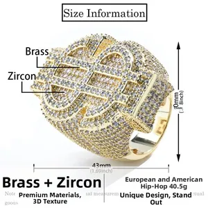Close-up of hip hop gold dollar sign ring with detailed brass and zircon material specs