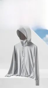 Detail of light grey UPF50+ jacket with a detachable brim and breathable fabric