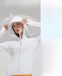 Detail of white UPF 50+ sun protection hoodie with wide brim and thumbhole sleeves