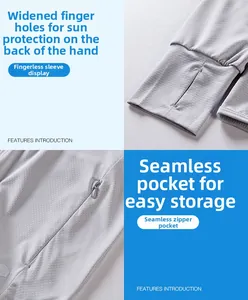 UPF50+ jacket showing widened thumb holes for hand protection and seamless zip pockets