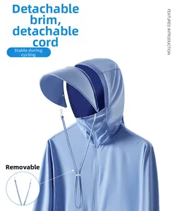 Detail of detachable brim and adjustable windproof rope on sun protection jacket