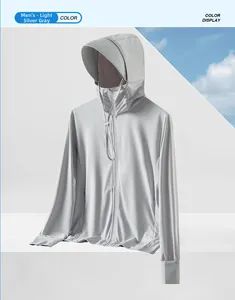 Detail of men's light silver grey UV sun jacket with integrated face mask and hood