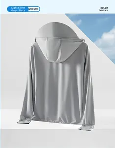 Back view of light silver gray UPF50+ sun protection hoodie with breathable mesh fabric