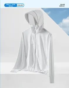 Detail of Jade White men's UPF50+ sun protection jacket with hood and hand guards