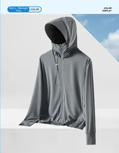 Detail of dark grey sun protection jacket with hood, face shield and thumb holes