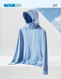 Close-up of sky blue UPF 50+ sun protection jacket with breathable micro-pores