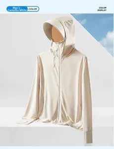 Detail of men's Camellia White UPF50+ sun protection jacket with hood and face mask