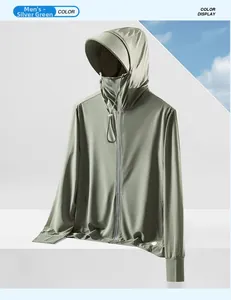 Detail of silver-green UPF50+ sun protection jacket with mesh fabric and hood