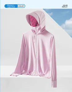 Close-up of soft pink UPF50+ sun jacket featuring hooded design and mesh face mask