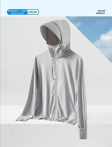 Close-up of women's light silver gray sun jacket with face shield and thumbhole cuffs