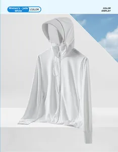 Detail of Jade White UPF50+ sun protection hoodie with breathable mesh texture