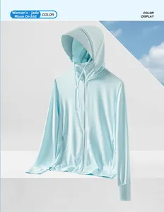 Detail of jade blue UPF50+ sun jacket with hood visor and breathable mesh fabric