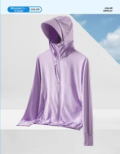 Detail of women's violet sun jacket with breathable mesh and integrated face mask