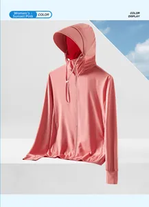Detail of sunset pink UPF50+ sun protection jacket with adjustable hooded brim