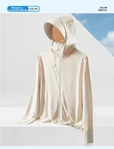 Detail of camellia white sun protection jacket with hood and thumbholes for outdoor