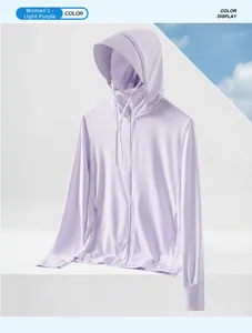 Detail of light purple sun protection jacket with hood and breathable tech fabric