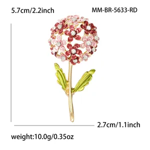 Detailed size chart of pink hydrangea flower brooch with rhinestones and green enamel leaves