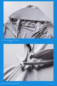 Detail of light gray UPF50+ jacket with detachable sun visor and drawstring system