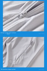 Detail view of quality wear-resistant zipper and seamless pocket on gray sun jacket