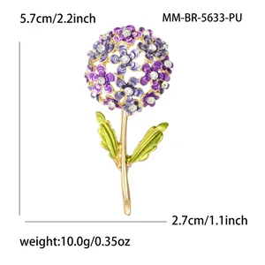 Elegant purple hydrangea flower brooch with crystals and green leaves on white background