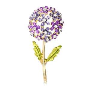 Exquisite purple hydrangea brooch with rhinestones and green enamel leaves in gold finish