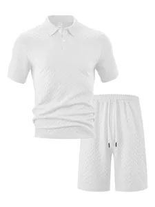 Ensemble premium polo et short en jacquard blanc respirant pour homme avec cordon