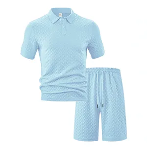 Ensemble décontracté d'été pour homme avec polo en jacquard bleu clair et short