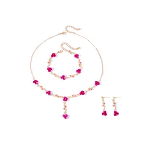 Elegant French style jewelry set featuring magenta rose necklace bracelet and earrings