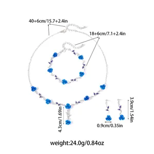 Measurement detail of blue rose jewelry set including necklace bracelet and earrings