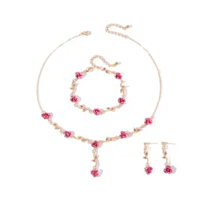 Elegant rose flower jewelry set with necklace bracelet and earrings in gold and pink