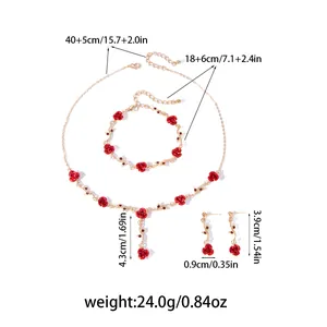 Detailed dimensions and weight of the vintage red rose necklace and earrings set