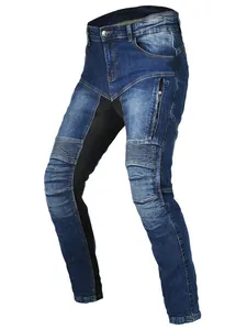 Men's slim-fit blue motorcycle jeans with accordion panels and Kevlar protection