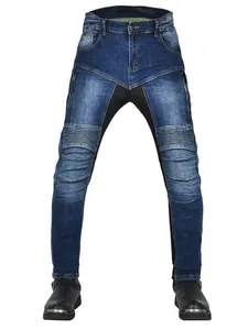 Men's blue motorcycle jeans with protective pads and accordion stretch panels