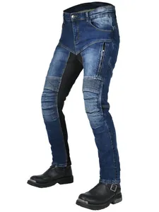 Men's breathable motorcycle riding jeans in deep blue denim with accordion knee panels