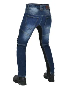 Men's blue motorcycle riding jeans with protective stretch panels and accordion waist