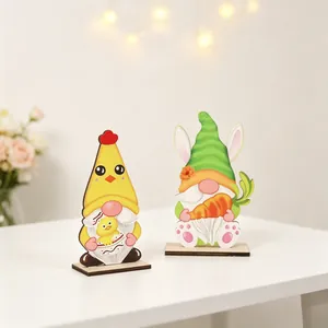 Easter wooden gnome set with bunny ears and chick designs for festive tabletop decor
