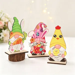 Three-piece Easter wooden gnome set with bunny, chick, and carrot designs on stands