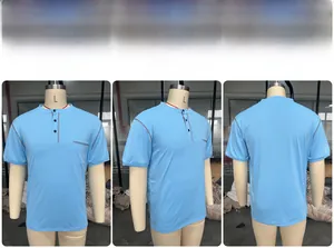 Vorder-, Seiten- und Rückansicht eines hellblauen Kurzarm-Henley-Shirts für Herren