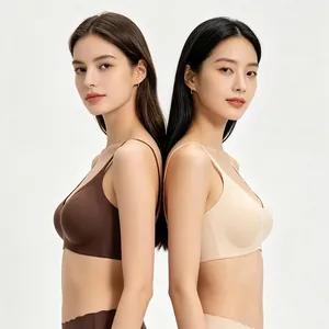Deep V-neck seamless bra set with wave edges in dark brown and beige neutral colors